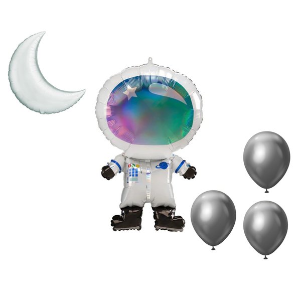 Loonballoon Space, Alien, Rocket Theme Balloon Set, 30in. IRIDESCENT ASTRONAUT, Moon Foil and 3x latex balllons 41196-01-A-P